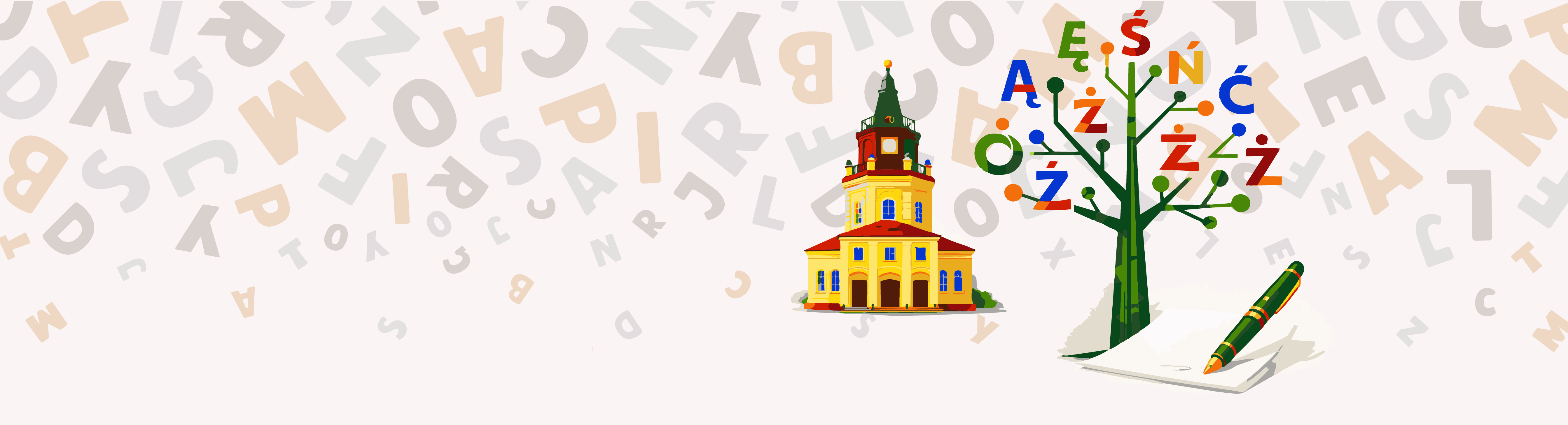 Baner dla Wydarzenia Dyktando Siedleckie, przedstawiający budynek, drzewko z literami zamiast liści i zeszyt z długopisem.